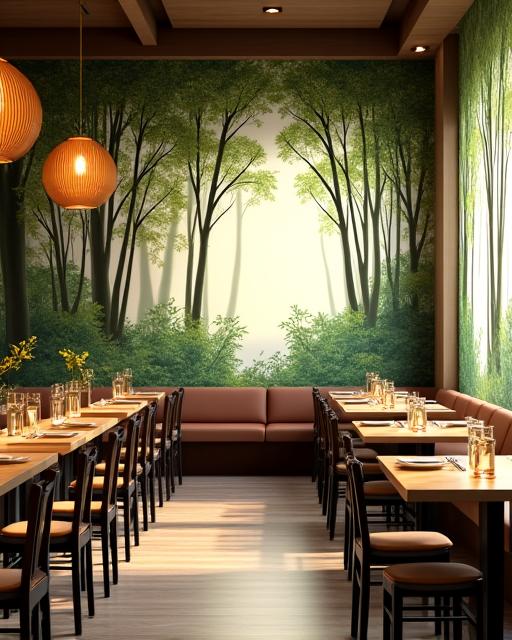 植物柄の壁画があるレストランの内装